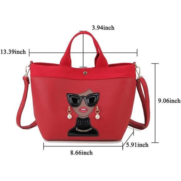 Quirky Lady Face Handbag - PU Leather Satchel, Top Handle Shoulder Bag-Red - Picture 2 of 6